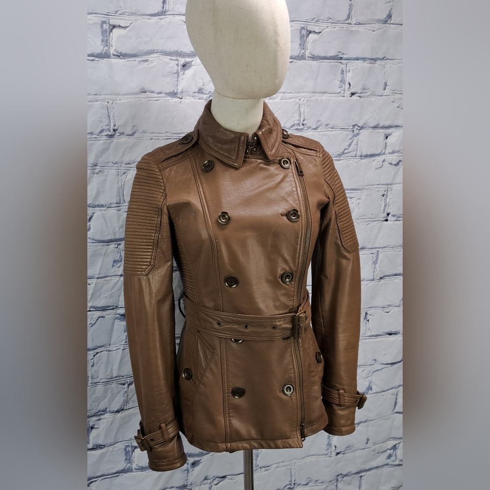 Burberry Women's 100% Calf Leather Moto Jacket Biker Brown Zip Cuffs Size 4 US - Picture 2 of 10